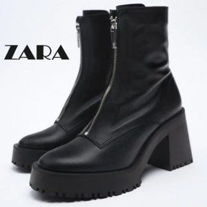 NWT Zara Zippered Black Leather Heeled Ankle Boots